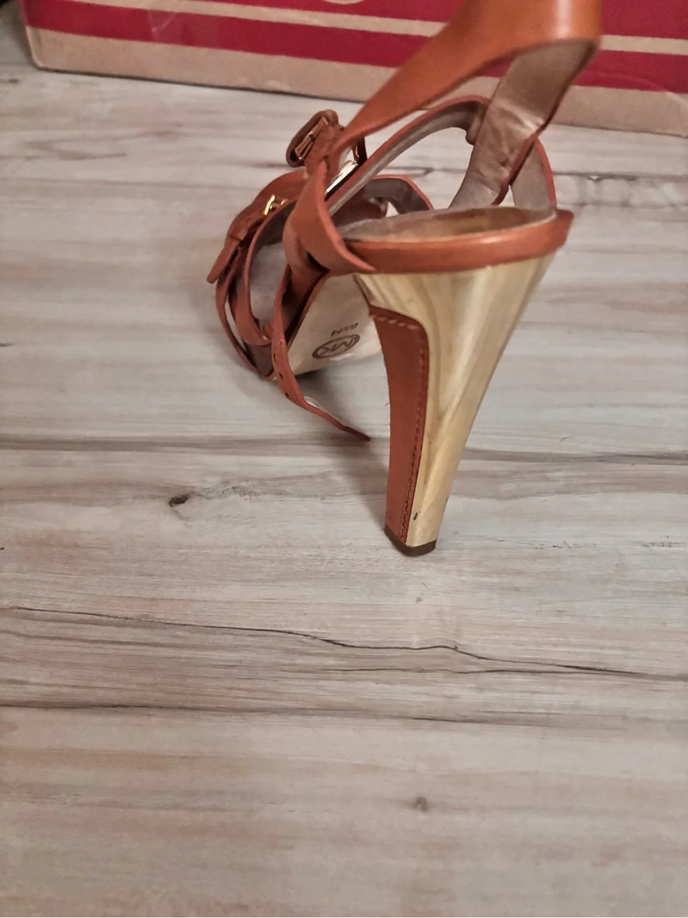Michael Kors Tan Leather Strappy Wedge Sandals with Gold Buckles